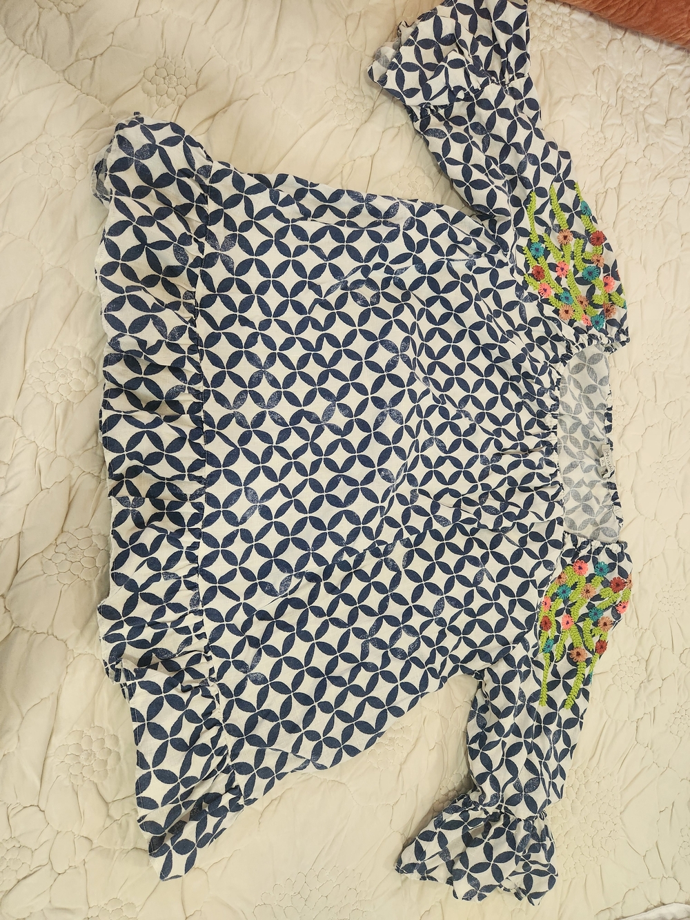 John Mark Blue and White Geometric Peasant Top